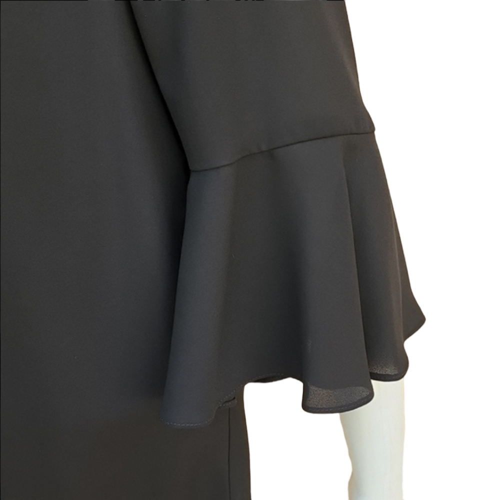 KAREN KANE Black Chiffon Blouse M Crossover Hem Ruffle Bell Sleeve Top - Picture 13 of 16
